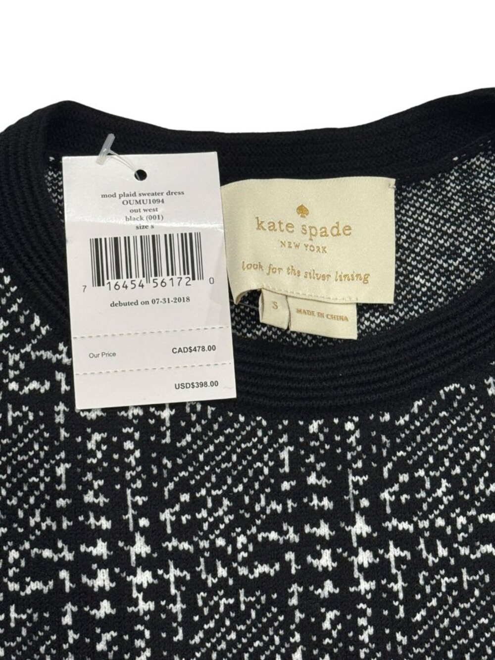 Kate ♠️ Spade "Out West" Mod Plaid Sweater Dress NWT Small Black White Wool NWT - Picture 9 of 10
